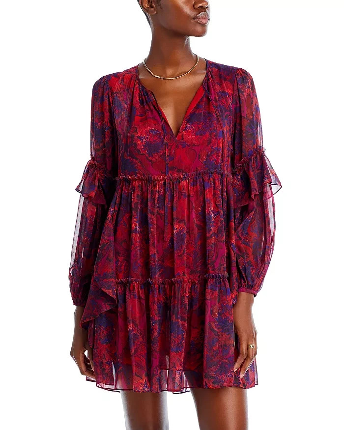 Cinq à Sept Livie Tiered Mini Dress Women's 6 Dark Red Multi Split Neck Pullover