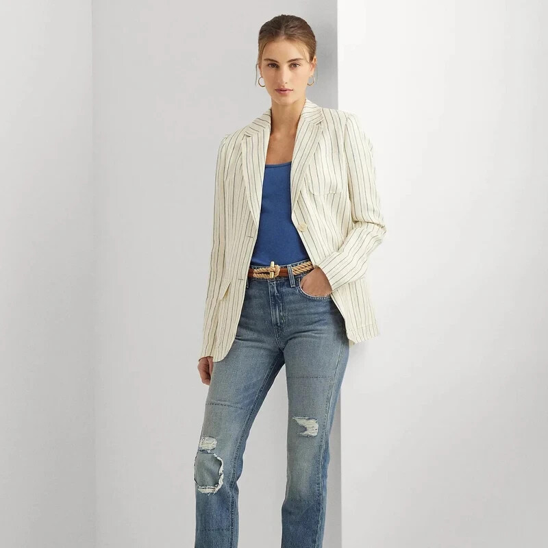 Lauren Ralph Lauren Striped Linen Blend Twill Blazer Women's 18 Cream/Blue L/S