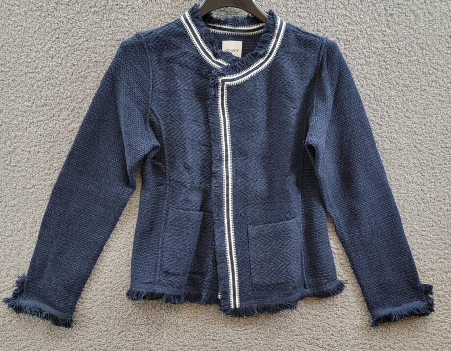 NIC+ZOE Ribbon Trim Fringe Mix Knit Blazer Women's M Dark Indigo Long Sleeves~
