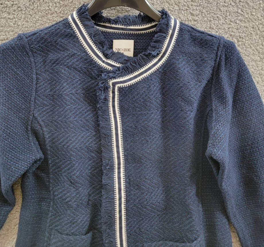 NIC+ZOE Ribbon Trim Fringe Mix Knit Blazer Women's M Dark Indigo Long Sleeves~
