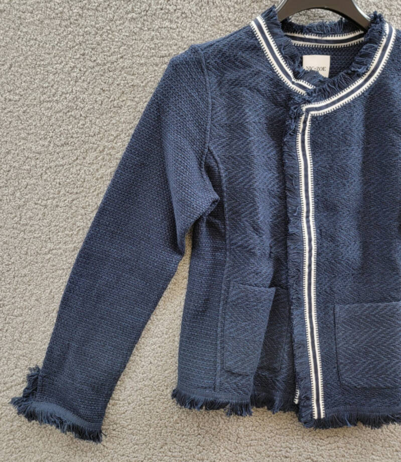 NIC+ZOE Ribbon Trim Fringe Mix Knit Blazer Women's M Dark Indigo Long Sleeves~