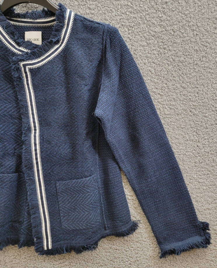 NIC+ZOE Ribbon Trim Fringe Mix Knit Blazer Women's M Dark Indigo Long Sleeves~