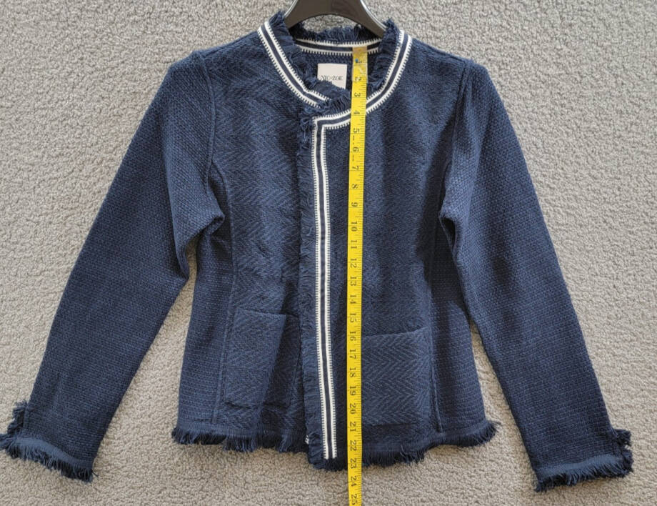 NIC+ZOE Ribbon Trim Fringe Mix Knit Blazer Women's M Dark Indigo Long Sleeves~