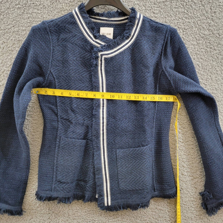 NIC+ZOE Ribbon Trim Fringe Mix Knit Blazer Women's M Dark Indigo Long Sleeves~