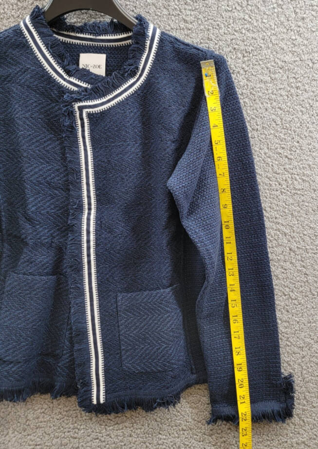 NIC+ZOE Ribbon Trim Fringe Mix Knit Blazer Women's M Dark Indigo Long Sleeves~