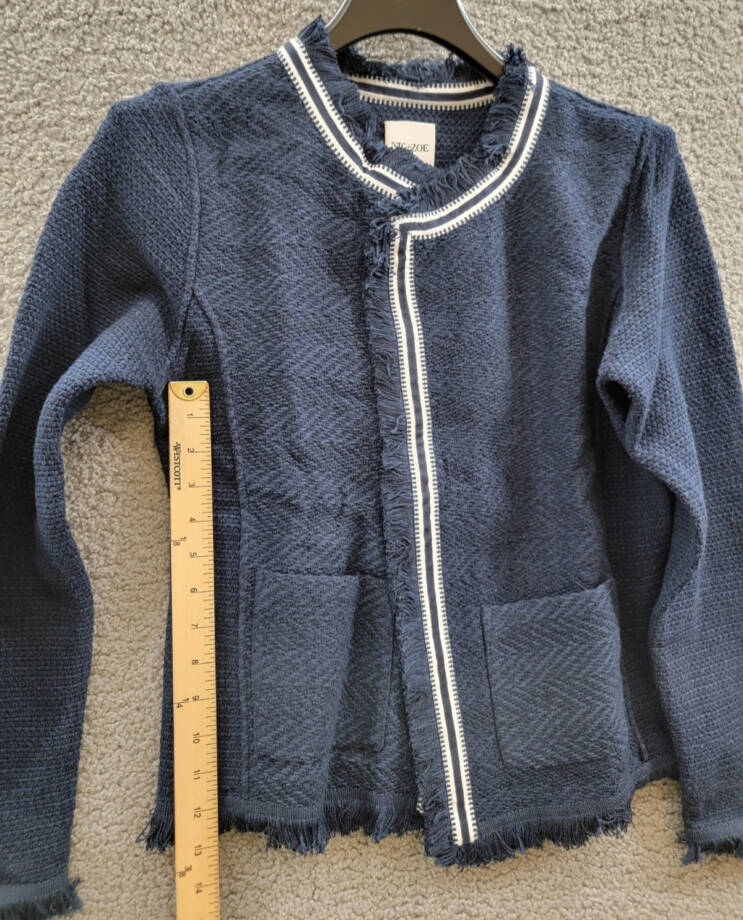 NIC+ZOE Ribbon Trim Fringe Mix Knit Blazer Women's M Dark Indigo Long Sleeves~