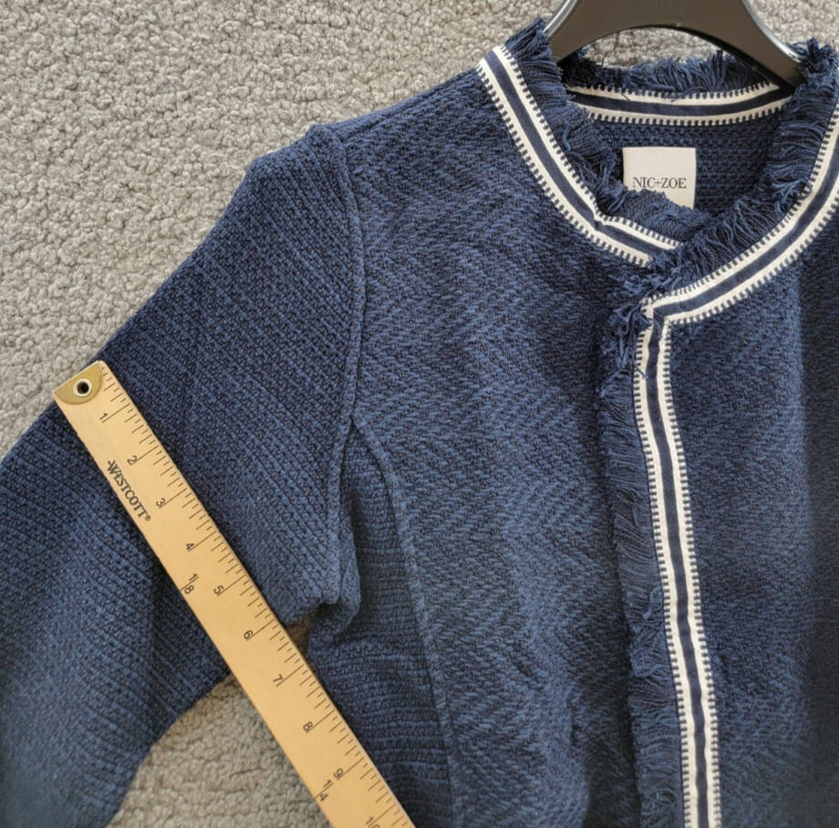 NIC+ZOE Ribbon Trim Fringe Mix Knit Blazer Women's M Dark Indigo Long Sleeves~