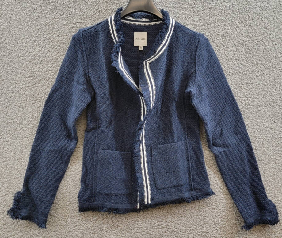 NIC+ZOE Ribbon Trim Fringe Mix Knit Blazer Women's XS Dark Indigo Long Sleeves~