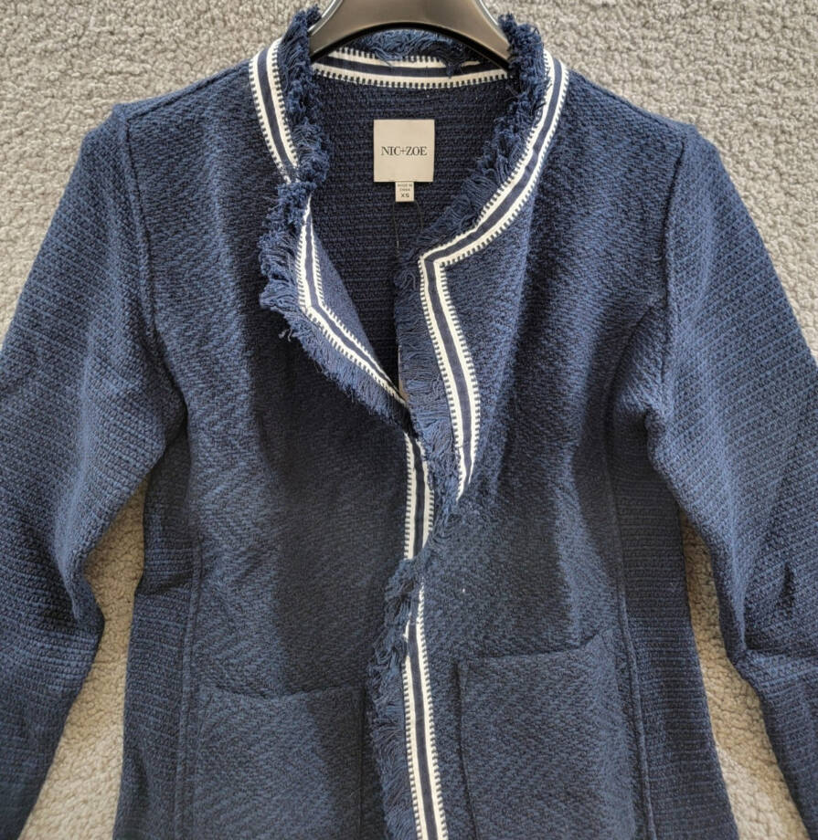 NIC+ZOE Ribbon Trim Fringe Mix Knit Blazer Women's XS Dark Indigo Long Sleeves~