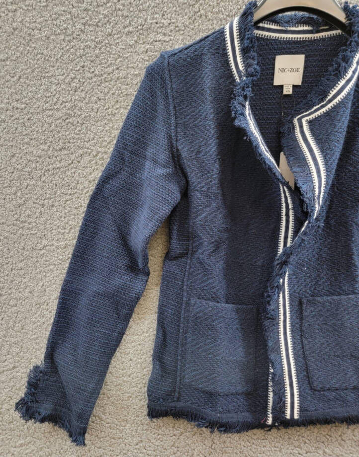 NIC+ZOE Ribbon Trim Fringe Mix Knit Blazer Women's XS Dark Indigo Long Sleeves~