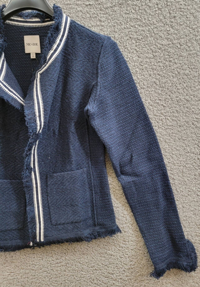 NIC+ZOE Ribbon Trim Fringe Mix Knit Blazer Women's XS Dark Indigo Long Sleeves~
