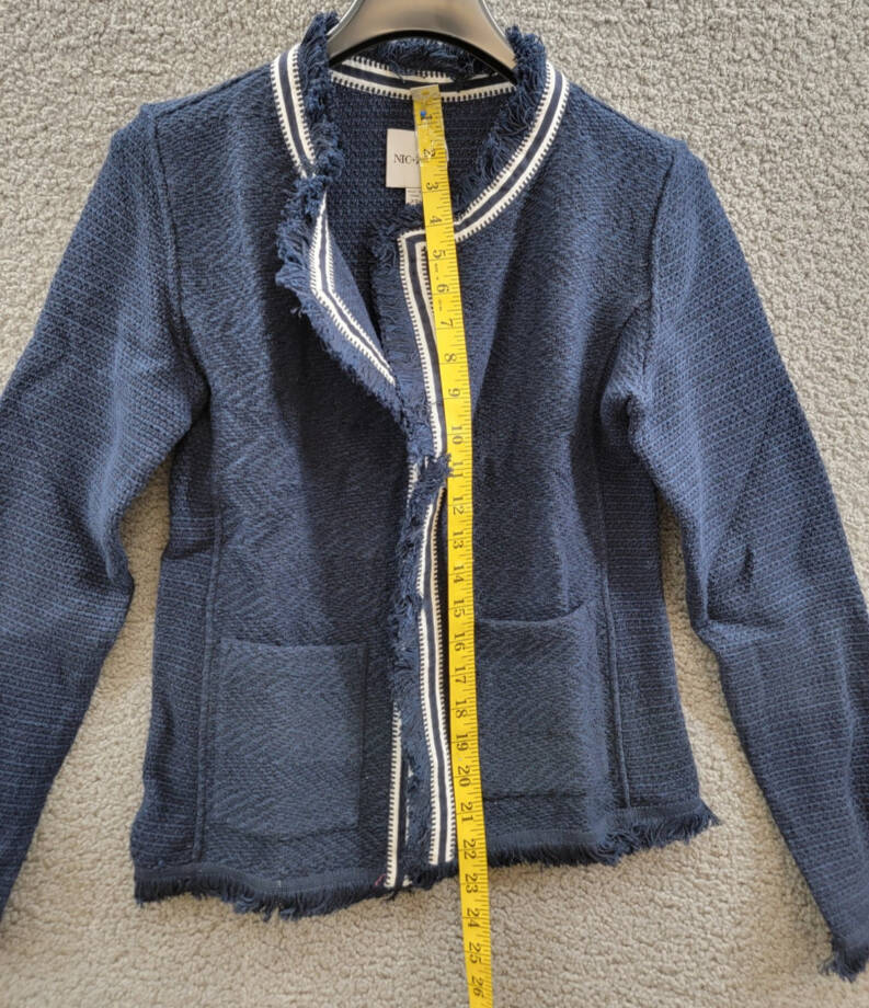 NIC+ZOE Ribbon Trim Fringe Mix Knit Blazer Women's XS Dark Indigo Long Sleeves~