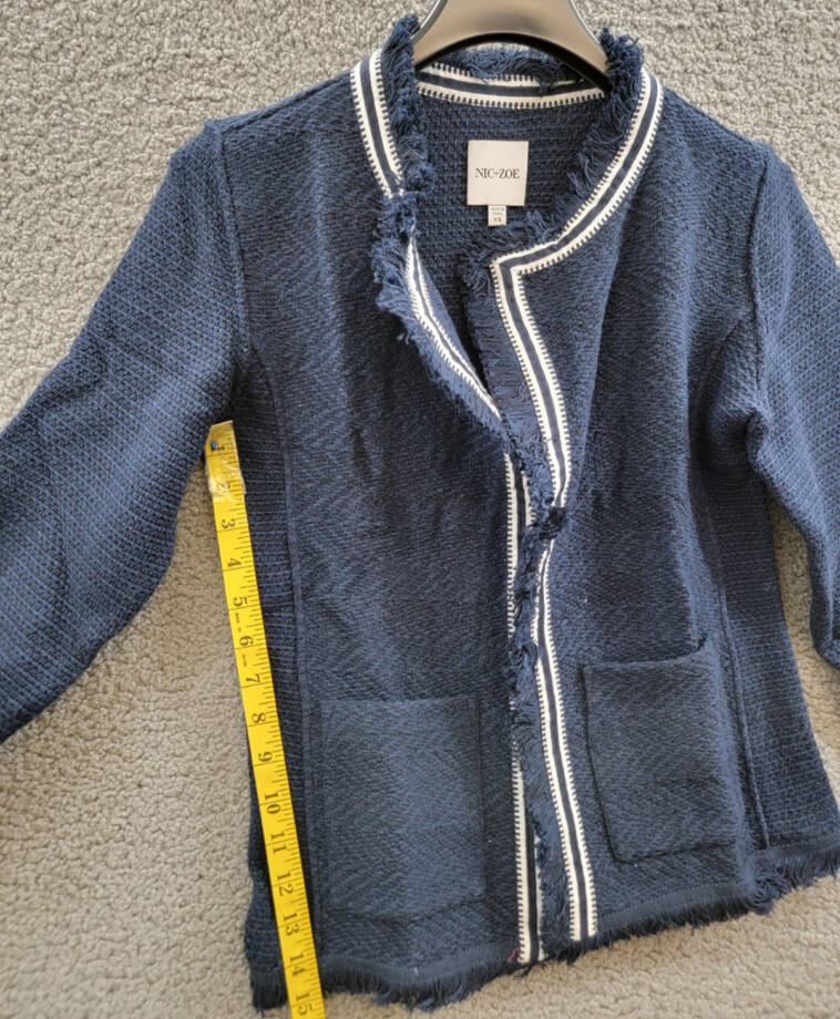 NIC+ZOE Ribbon Trim Fringe Mix Knit Blazer Women's XS Dark Indigo Long Sleeves~
