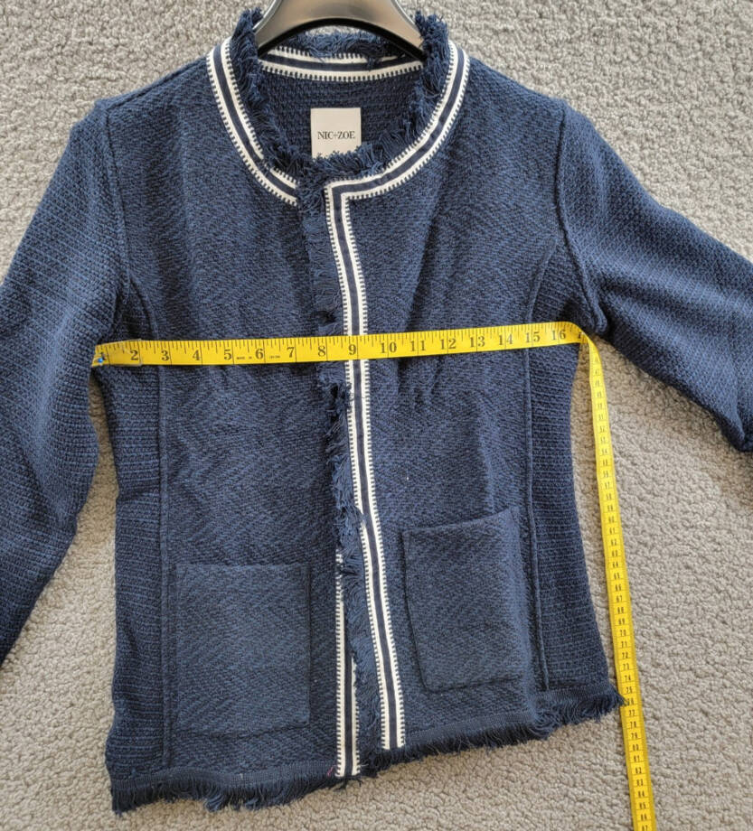 NIC+ZOE Ribbon Trim Fringe Mix Knit Blazer Women's XS Dark Indigo Long Sleeves~
