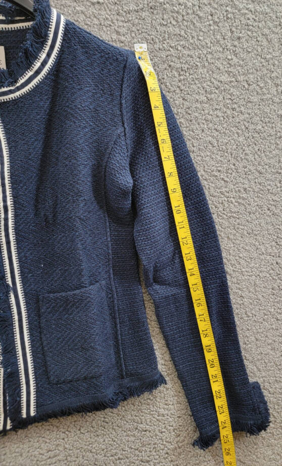 NIC+ZOE Ribbon Trim Fringe Mix Knit Blazer Women's XS Dark Indigo Long Sleeves~