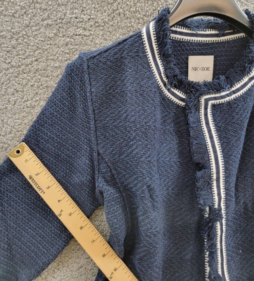 NIC+ZOE Ribbon Trim Fringe Mix Knit Blazer Women's XS Dark Indigo Long Sleeves~