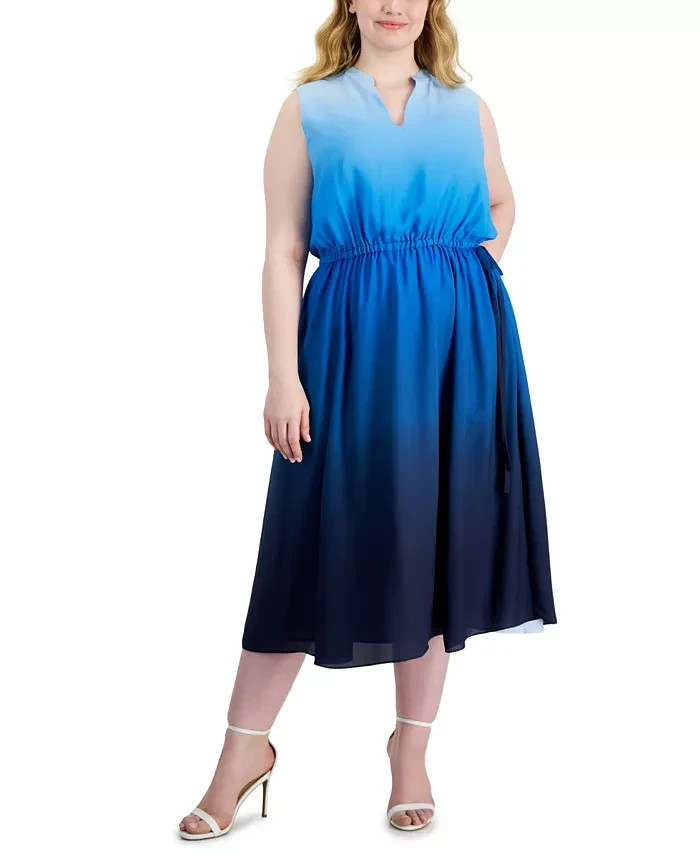 Anne Klein Jenna Plus Size Ombré Sleeveless Midi Dress Women's 3X Blue Combo