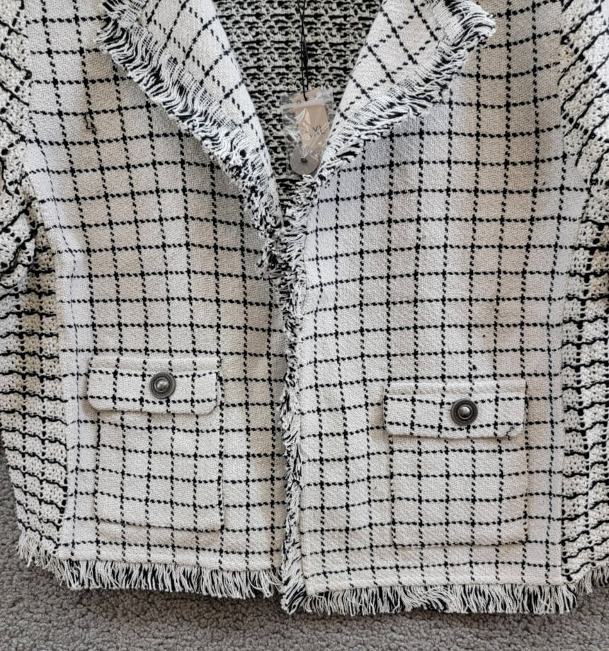 NIC+ZOE Grid Fringe Mix Knit Jacket Women XXL Cream Multi Long Sleeve Open Front