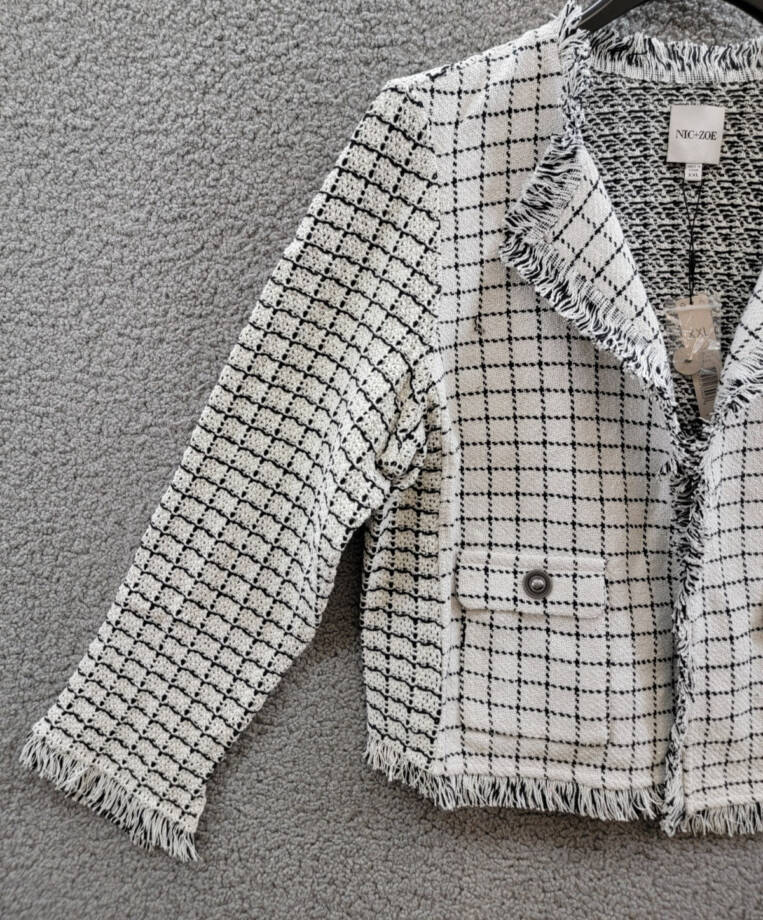 NIC+ZOE Grid Fringe Mix Knit Jacket Women XXL Cream Multi Long Sleeve Open Front