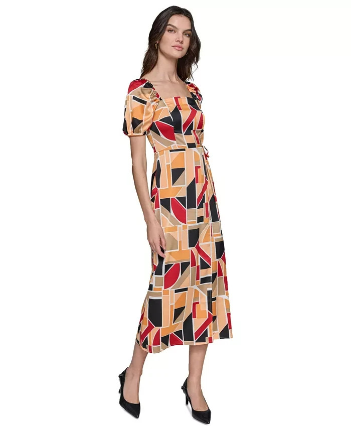 KARL LAGERFELD PARIS Geo-Print Square-Neck Puff-Sleeve Maxi Dress Women's 10
