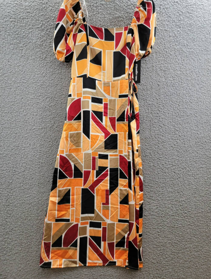 KARL LAGERFELD PARIS Geo-Print Square-Neck Puff-Sleeve Maxi Dress Women's 10