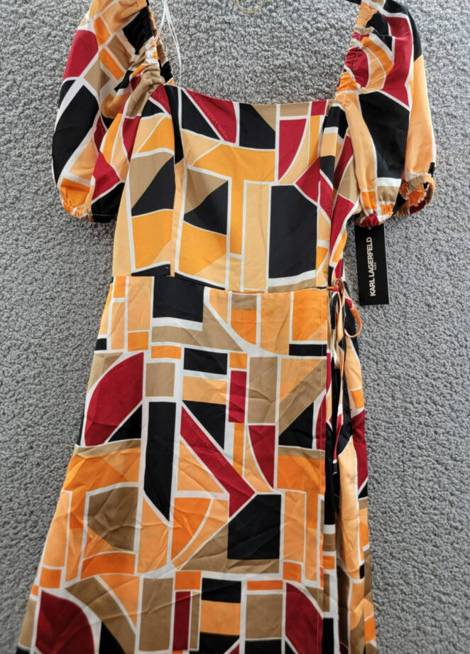 KARL LAGERFELD PARIS Geo-Print Square-Neck Puff-Sleeve Maxi Dress Women's 10