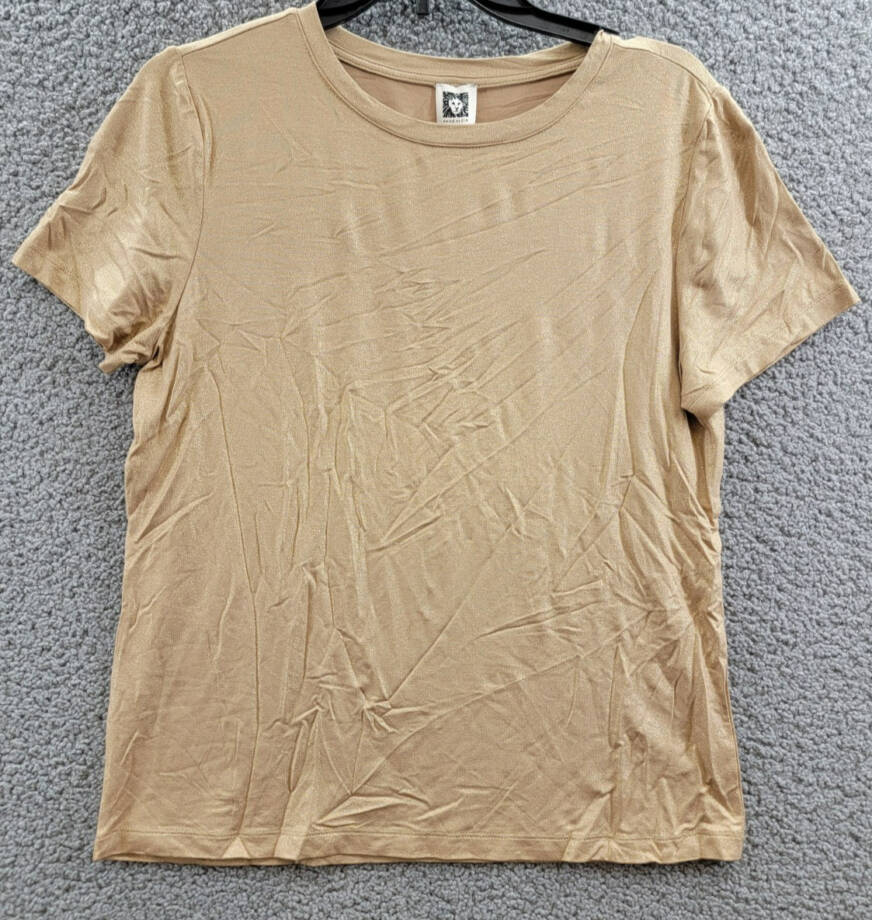 Anne Klein Foil-Print Crew Neck Short-Sleeve T-Shirt Women's M Light Coffee