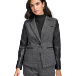 Calvin Klein Faux-Leather-Sleeve Blazer Women's 2 Black Multi Button Front L/S