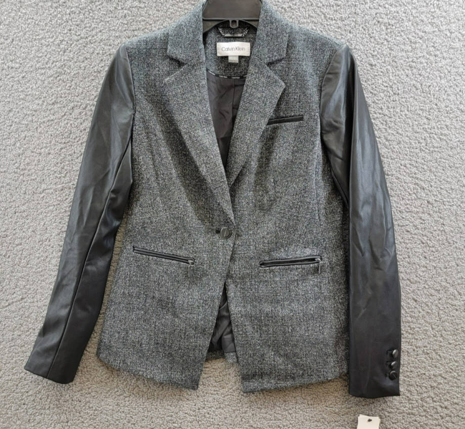 Calvin Klein Faux-Leather-Sleeve Blazer Women's 2 Black Multi Button Front L/S