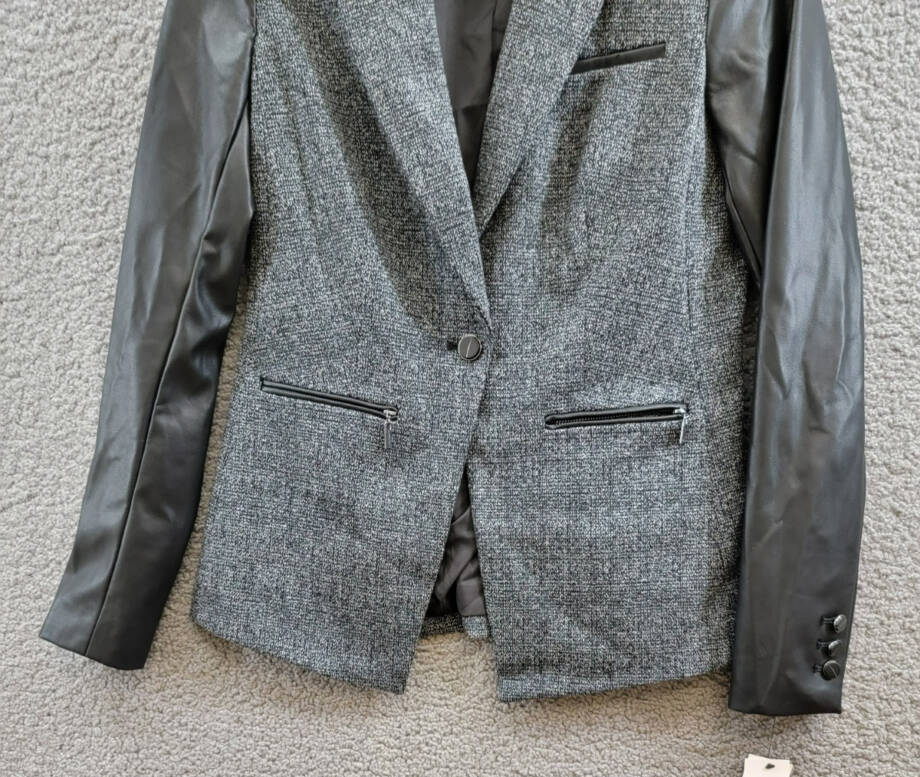 Calvin Klein Faux-Leather-Sleeve Blazer Women's 2 Black Multi Button Front L/S