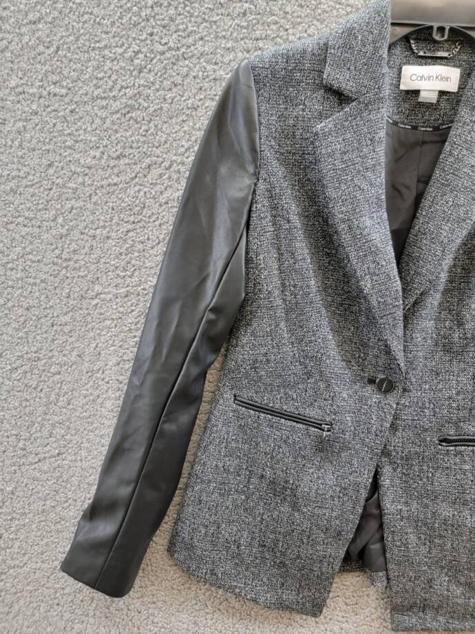 Calvin Klein Faux-Leather-Sleeve Blazer Women's 2 Black Multi Button Front L/S