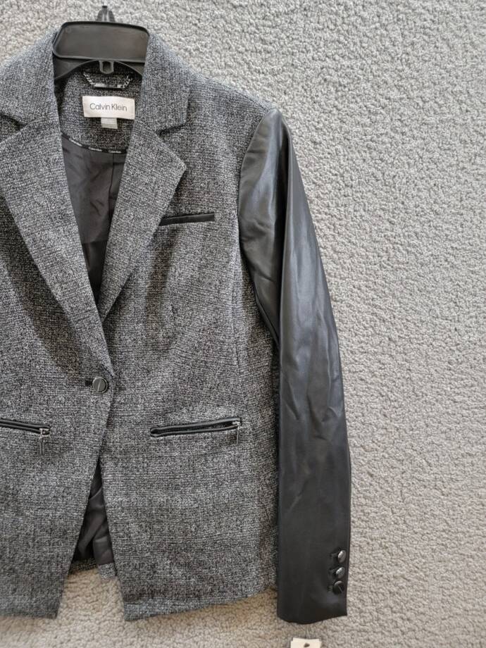 Calvin Klein Faux-Leather-Sleeve Blazer Women's 2 Black Multi Button Front L/S