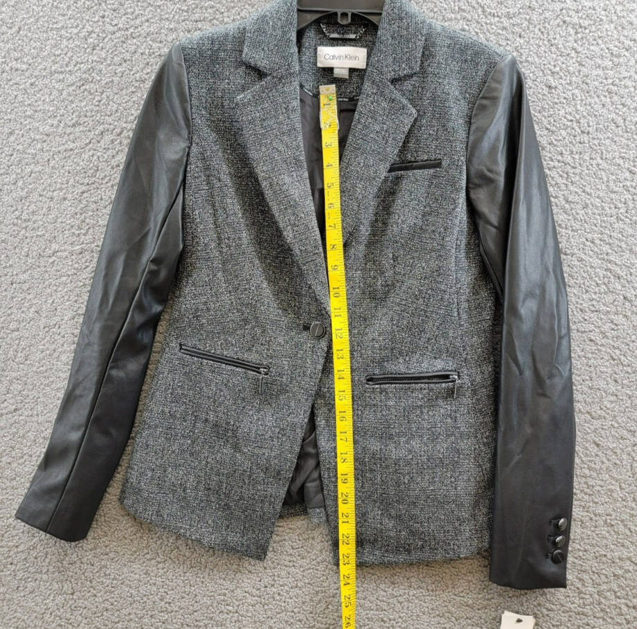 Calvin Klein Faux-Leather-Sleeve Blazer Women's 2 Black Multi Button Front L/S