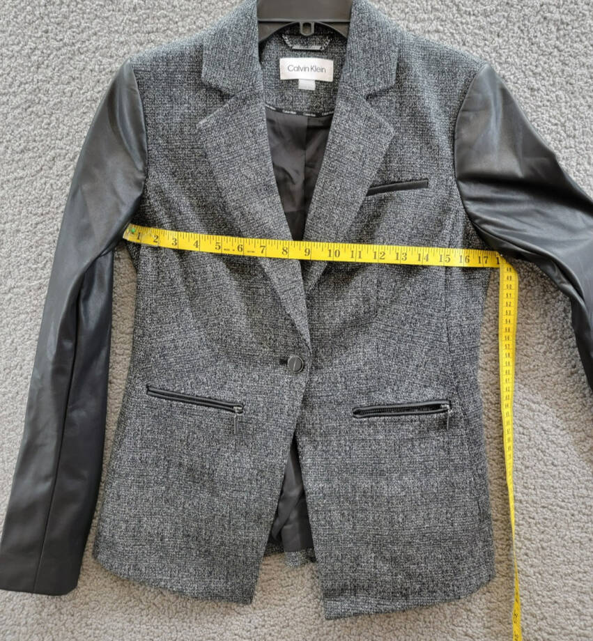 Calvin Klein Faux-Leather-Sleeve Blazer Women's 2 Black Multi Button Front L/S