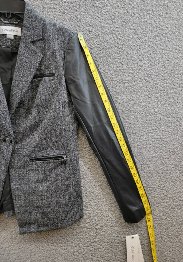 Calvin Klein Faux-Leather-Sleeve Blazer Women's 2 Black Multi Button Front L/S