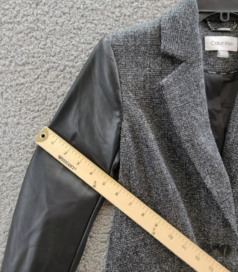 Calvin Klein Faux-Leather-Sleeve Blazer Women's 2 Black Multi Button Front L/S