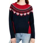 Tommy Hilfiger Fair-Isle Crewneck Sweater Women's XL Sky Captain/Chili Pepper