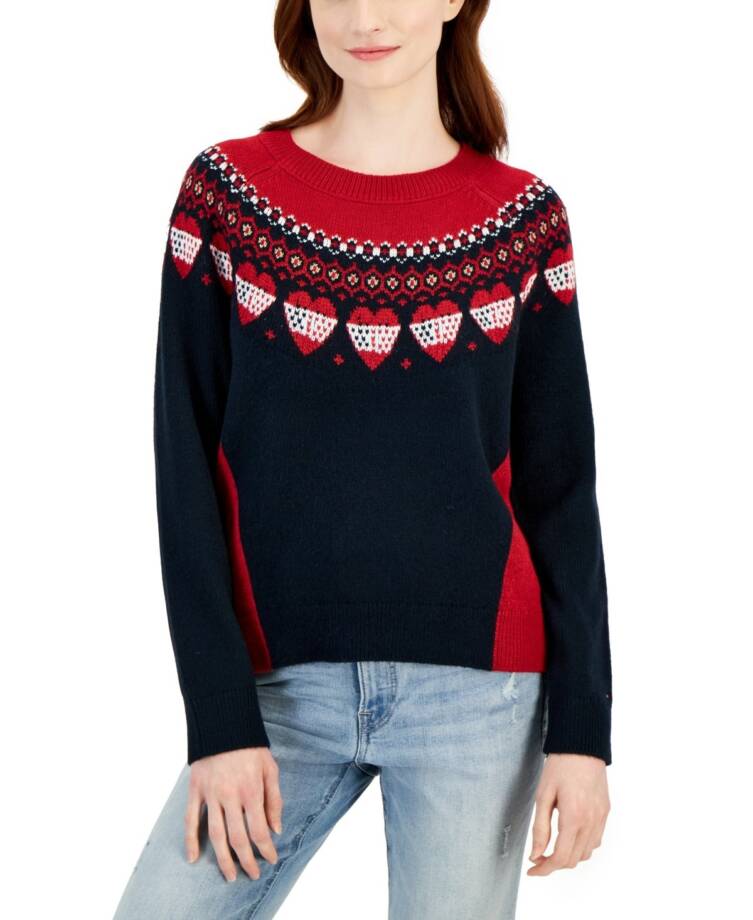 Tommy Hilfiger Fair-Isle Crewneck Sweater Women's XL Sky Captain/Chili Pepper