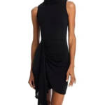 AQUA Sleeveless Jersey Mock Neck Dress Women's S Black Draped Side Back Zipped
