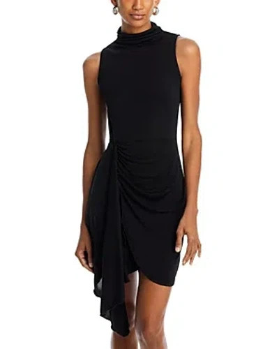 AQUA Sleeveless Jersey Mock Neck Dress Women's S Black Draped Side Back Zipped