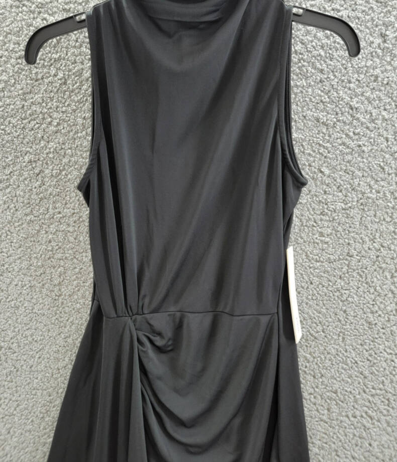 AQUA Sleeveless Jersey Mock Neck Dress Women's S Black Draped Side Back Zipped