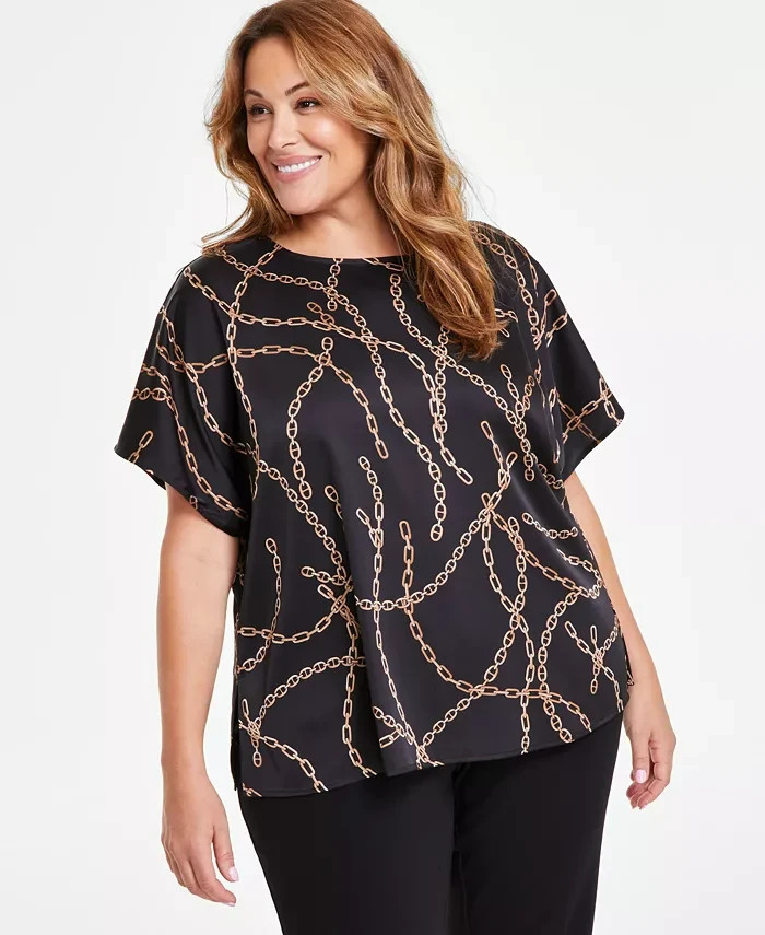 Anne Klein Plus Size Chain-Print Dolman-Sleeve Top Women's 1X Anne Black Multi