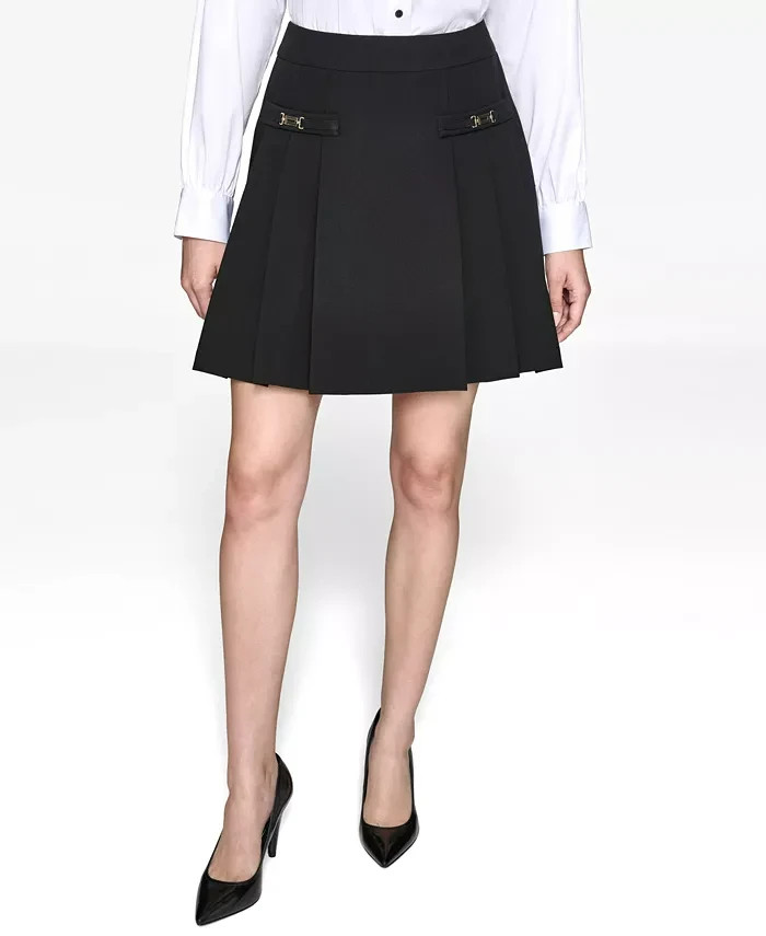 KARL LAGERFELD PARIS Pleated Buckle-Detail Mini Skirt Women's 14 Black Back Zip