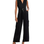 AQUA Collared Cargo Jumpsuit Women's S Black Side Pockets Front Zip Closure