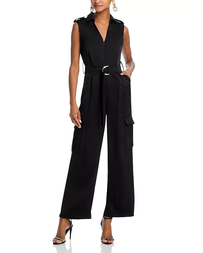 AQUA Collared Cargo Jumpsuit Women's S Black Side Pockets Front Zip Closure