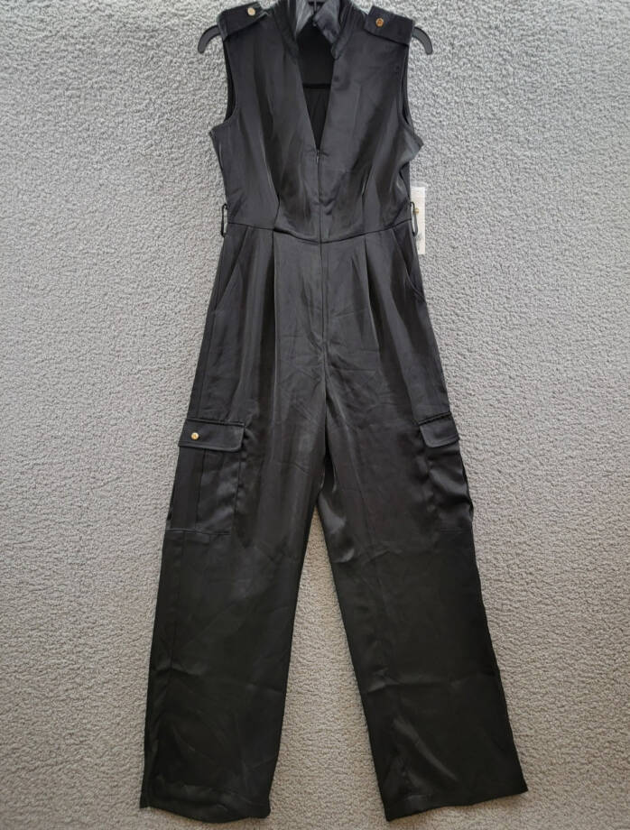 AQUA Collared Cargo Jumpsuit Women's S Black Side Pockets Front Zip Closure