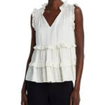 AQUA Satin Ruffled Tank Top Women's L Ivory Solid V-Neck Sleeveless Pullover