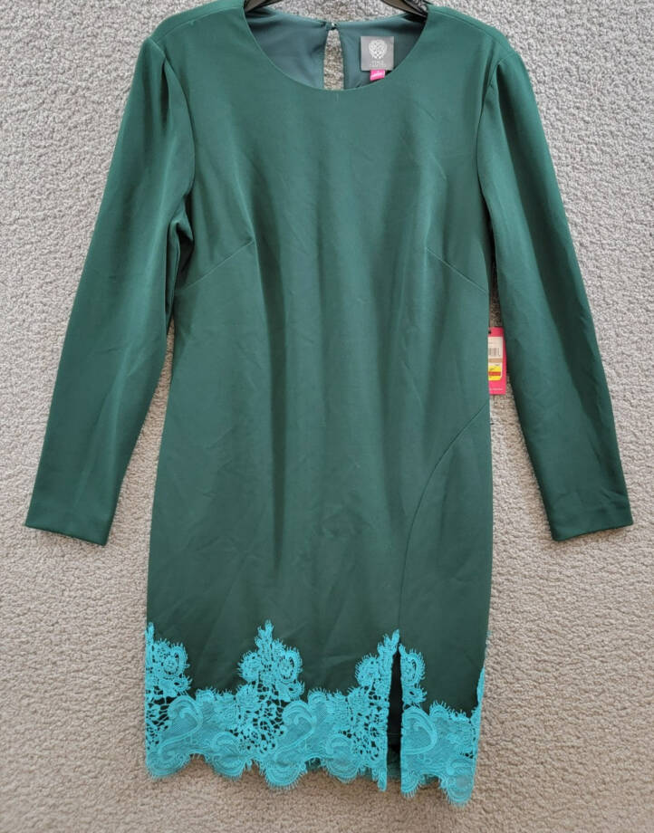 Vince Camuto Lace-Hem Bodycon Dress Women's 12 Hunter Crewneck Button Back Zip