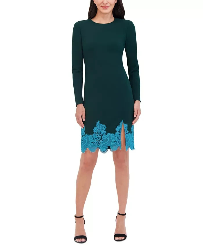 Vince Camuto Lace-Hem Bodycon Dress Women's 6 Hunter Crewneck Button Back Zip