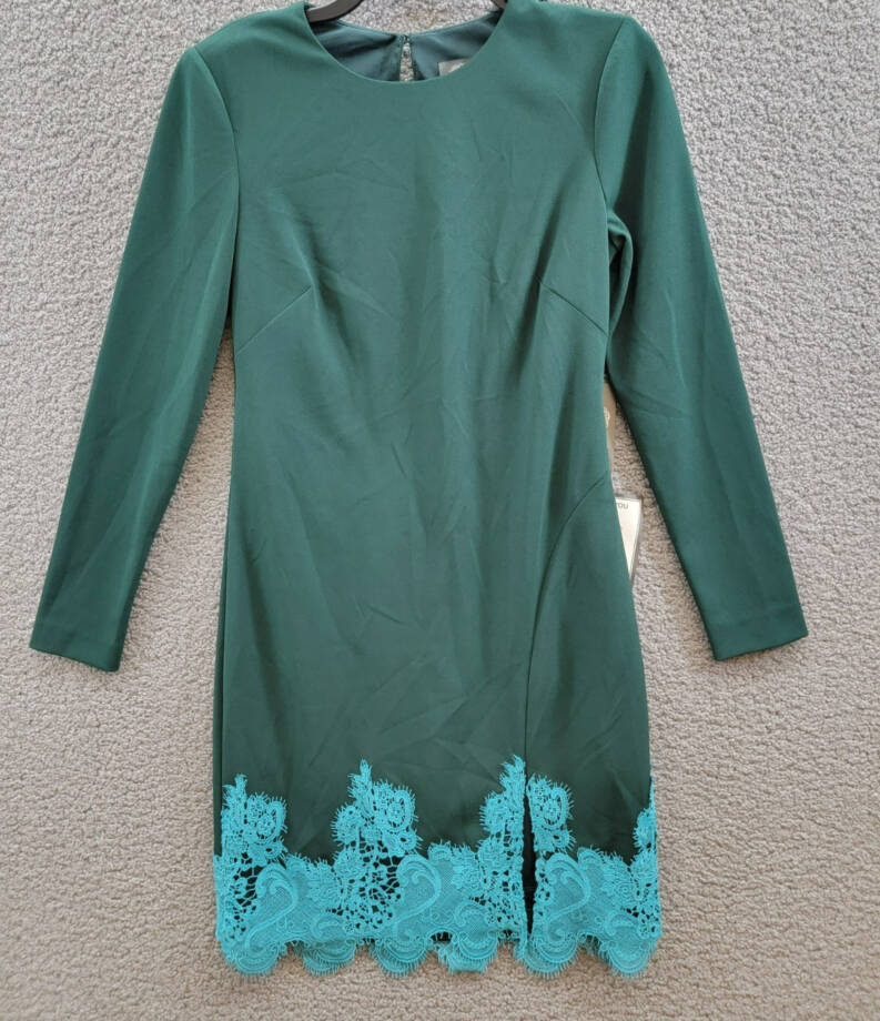 Vince Camuto Lace-Hem Bodycon Dress Women's 6 Hunter Crewneck Button Back Zip